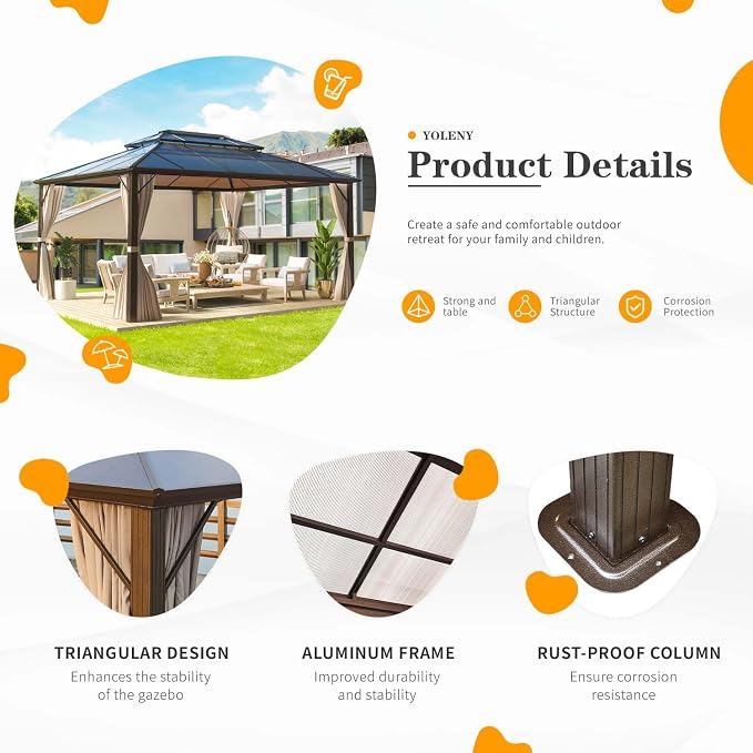 12'x16' Hardtop Gazebo, Outdoor Polycarbonate Double Roof Canopy, Aluminum - Image 8