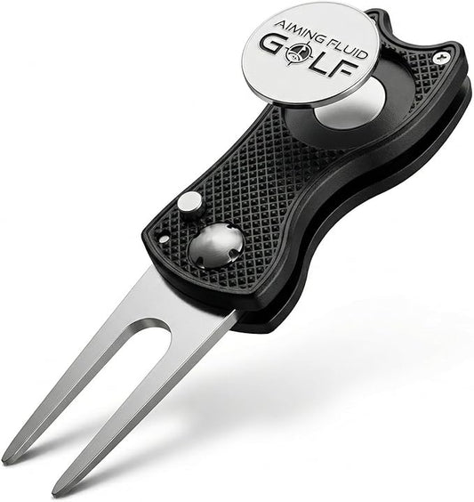 Golf Divot Repair Tool — 5-in-1 Golfing Ball Marker, Pitch Mark Repair, Putting Alignment, Club Tee, and Groove Cleaner, Accessory Metal Switchblade Design - Ideal Gift for Golfers