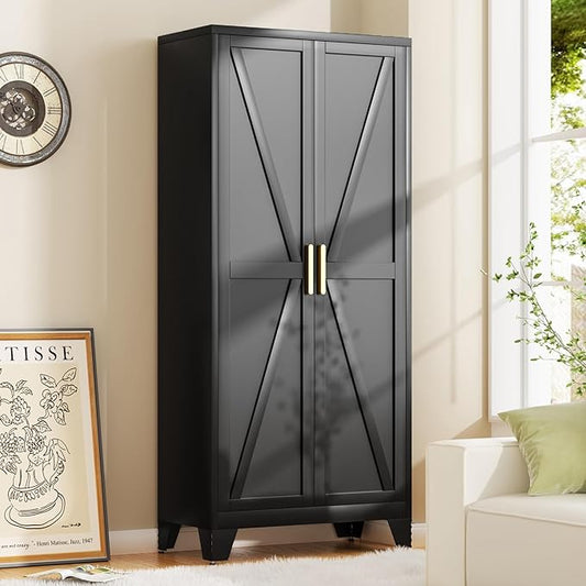 71H Tall Metal Storage Cabinet with 2 Doors and Adjustable Shelves,Farmhouse Storage Cabinet with Barn Doors,Pantry Storage for Home,Office,Bathroom,Dining Room,Kitchen(Black)