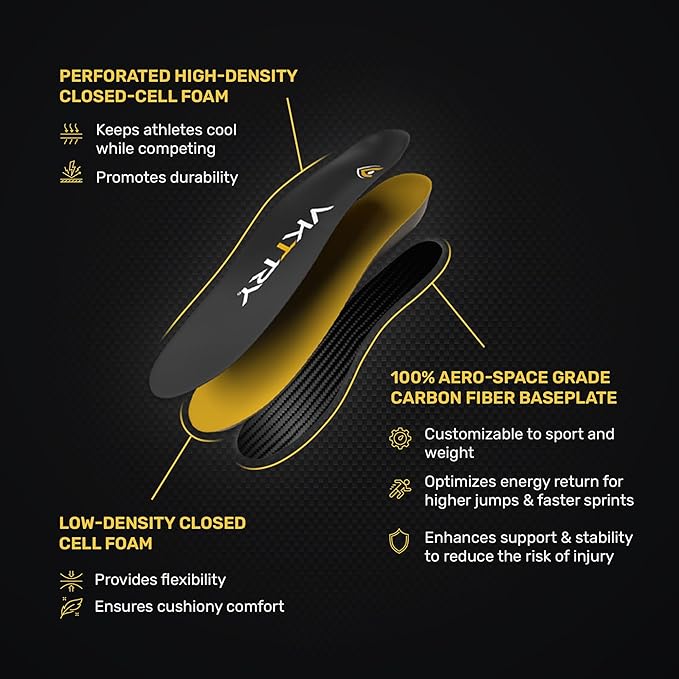 VKTRY Gold for Cleated Shoes - Carbon Fiber Performance Insoles - Customized Athletic Inserts for Soccer & Track | Shock Absorption, Run Fast, Jump High, US: Men 9-9.5, Women 11-11.5, 171-220 lbs