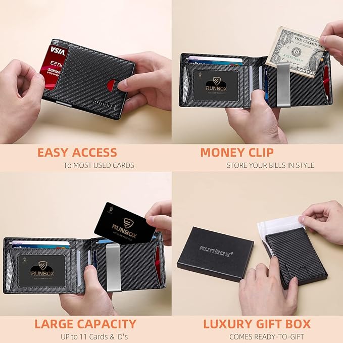 RUNBOX Money Clip Wallets for Men,Slim Leather Mens Bifold Wallet,RFID Blocking Front Pocket Wallet,Thin Credit Card Holder with Gift Box