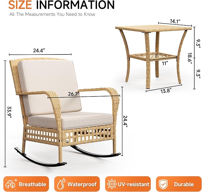 DECMICO Outdoor Rocking Chair Set, 3-Piece Wicker Patio Furniture | Elegant - Image 2