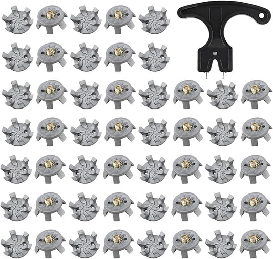 51PCS Golf Shoe Spikes Set, 50 Golf Shoe Cleats with 1 Black Spanner, 6 mm Metal Thread Screw, for Use on Lawns or Course(Grey)