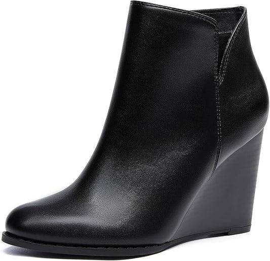 LAICIGO Womens V Cut Wedge Ankle Booties Zip-up Closed Toe Stacked Heel Faux Suede Winter Boots