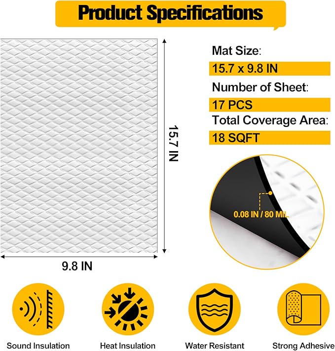 MYFAMIREA 18 sqft Car Sound Deadening, Sound Deading Material Mat for Car 80mil(2mm), Butyl Automotive Sound Deadening with Self-Adhesive, Noise Insulation and Dampening, Auto Deadener for Trunk, 17P