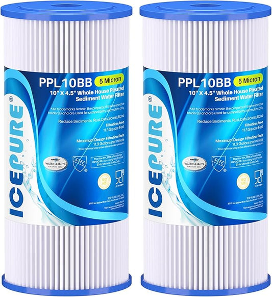 ICEPURE 5 Micron 10" x 4.5" Whole House Sediment Pleated Water Filter Replacement for GE FXHSC, Culligan R50-BBSA, Pentek R50-BB, DuPont WFHDC3001, W50PEHD, GXWH40L, GXWH35F for Well Water, 2PACK
