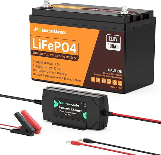 12V 100Ah LiFePO4 Battery with 12V 20A LiFePO4 Battery Charger, PowerUrus 4000-8000 Cycle Rechargeable Lithium Battery with Smart APP, 12V 100Ah Lithium Battery for RV, Marine, Off Grid Application