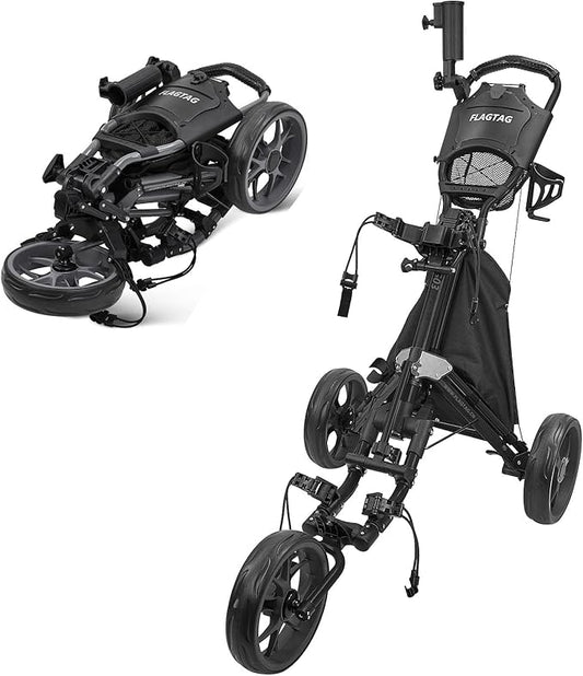 Golf Push Cart 3 Wheel,Foldable Golf Push Cart,Golf Bag Cart with Foot Brake,Umbrella Holder, Cup Holder, Storage Compartment