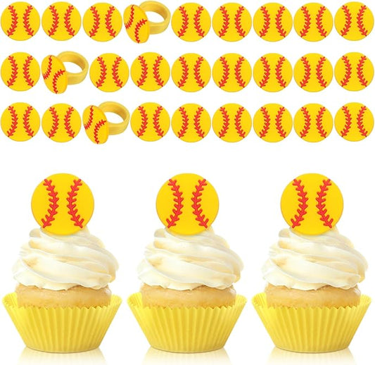 Honeydak 48 Pcs Softball Cupcake Rings Toppers Decoration Sport Ball Theme Cake Picks Softball Party Decoration Sport Cupcake Toppers Rings for Birthday Party Supplies