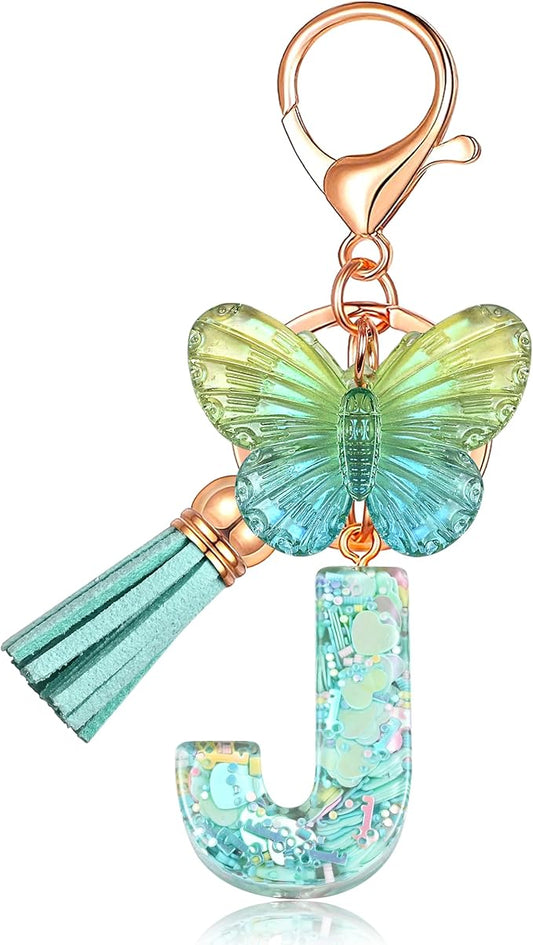 JINGUAZI Initial letter Keychains for Women Tassel Butterfly Pink Purple Cute Car Keychain for Wallet Backpack bag charm