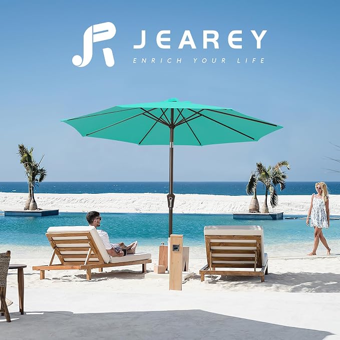 JEAREY 10 ft Outdoor Patio Umbrella w/Tilt and Crank, Auqa Sky | 8 Sturdy Ribs - Image 6