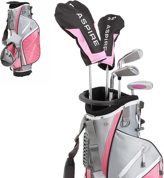 Aspire Junior Plus Kids Golf Clubs – Boys’ & Girls’ Right-Handed Golf Set with Lightweight Stand Bag, Graphite Shafts & Aircraft-Grade Aluminum Clubs