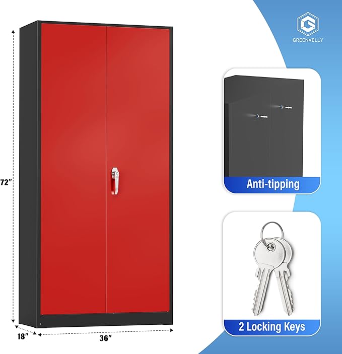 Greenvelly Metal Storage Cabinet with Doors and Shelves, 72”-Inch Locking Metal Cabinet,Garage Storage Cabinet for Garage Office School Warehouse (Black Red)