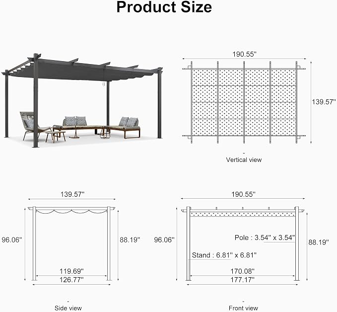 PURPLE LEAF Outdoor Pergola 12' X 16' Retractable Canopy Aluminum, Custom Shade - Image 7