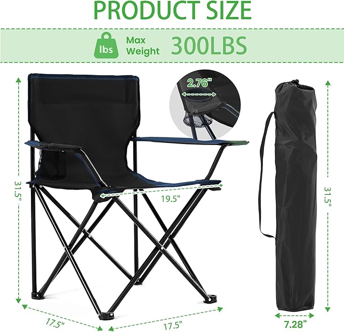 2 Pack Lightweight Portable Camping Chairs Folding Lawn Chair Outdoor Beach Chair with Cup Holder & Carry Bag for Outside Sports, Fishing, Hiking, Travel, Picnic, Backyard（Black）