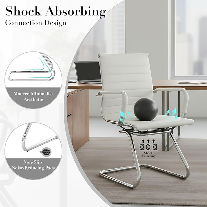 CIMOTA Waiting Room Chairs Leather Office Guest Chair Mid Back Reception Chairs with Sled Base for Meeting/Patient/Conference Room, White Set of 4