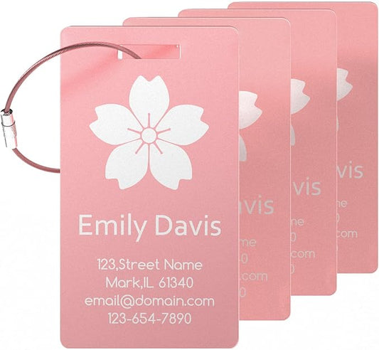 4 Personalized Metal Luggage Tags for Suitcase, Laser Engraved with Text and Logo, Custom Aluminum Name Tags with Stainless Steel Ring, for Travel, Golf Bag, and Baggage (Pink)
