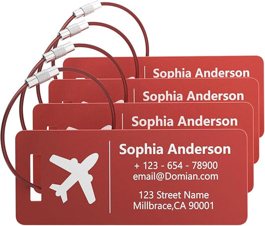 4 Pack Personalized Luggage Tags, Custom Engraved Aluminum Luggage Tags with Your Personalized Text, Waterproof Metal Name Tags with Steel Loop for Bags, Suitcase, Baggage, Backpack (Red, Small)