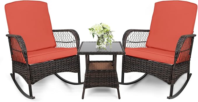 3 pcs Rocking Bistro Set Conversation Chairs PE Wicker Outdoor Rocking Chairs & by Enjoyyourlife