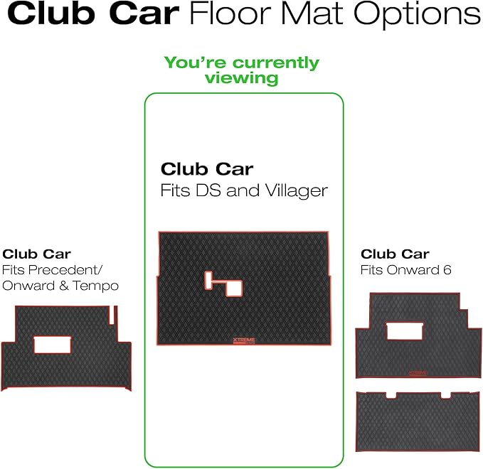 Xtreme Mats Club Car Compatible Golf Cart Mat, Full Coverage Rubber Floor Liner - Fits Club Car DS (1982-2013) and Villager (1982-2018) - Black with Red Trim