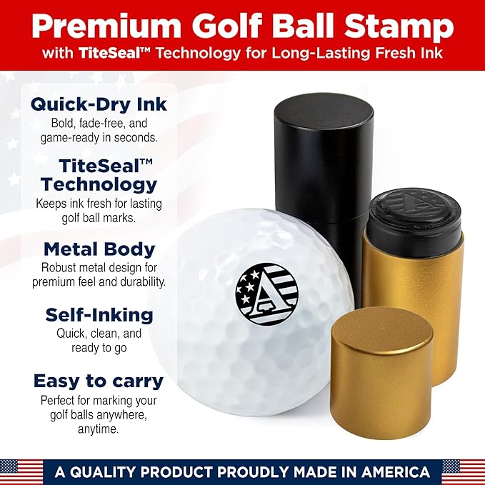 Personalized Golf Ball Marker Stamp with TiteSeal™ Technology Bundle - Metallic Box with Golf Ball Stamp + Refill Ink Bottle - Black Case