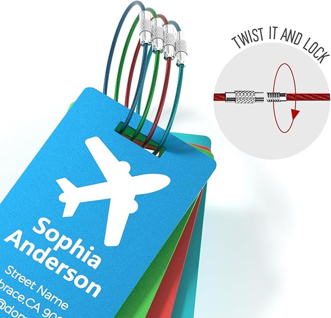 4 Personalized Metal Luggage Tags for Suitcase, Laser Engraved with Text and Logo, Custom Aluminum Name Tags with Stainless Steel Ring, for Travel, Golf Bag, and Baggage (Blue)
