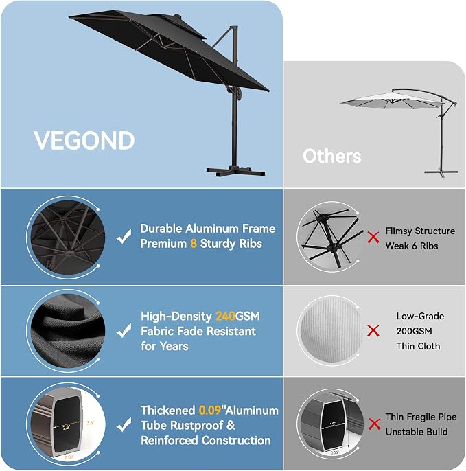 10x10 FT Patio Cantilever Umbrella, Rectangular Heavy Duty Offset Umbrella - Image 2