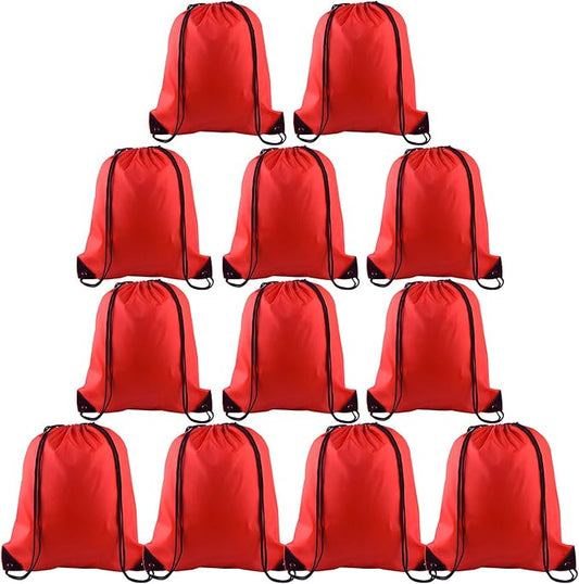 KUUQA 12 Pcs Drawstring Backpack Bags Sport Gym Sack Cinch Bags Bulk for School Traveling and Storage (Red)