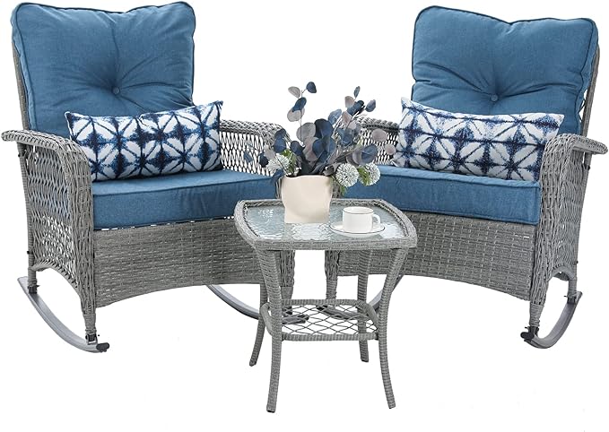 Patio Furniture Set 3 Pieces, Wicker Outdoor Rocking Bistro Set, Backyard or by VonzoyHome