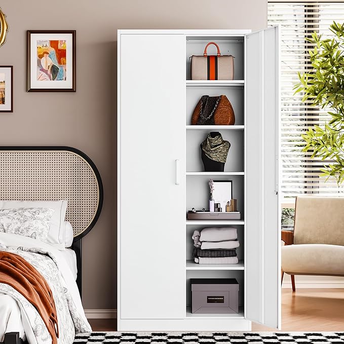 Letaya Metal White Storage Cabinet with Lock-71 Tall Metal Pantry Cabinets,5 Adjustable Shelves and Door for Home,Office,Kitchen,Warehouse,Utility Room(White)