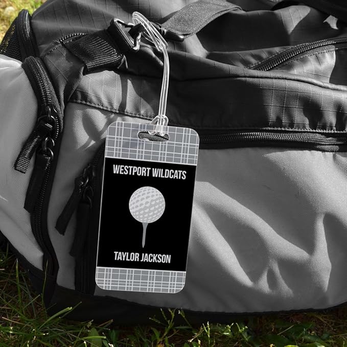 ChalkTalkSPORTS Golf Luggage & Bag Tag | Personalized Team with Golf Ball | Standard Lines on Back | Large | Gray/Black