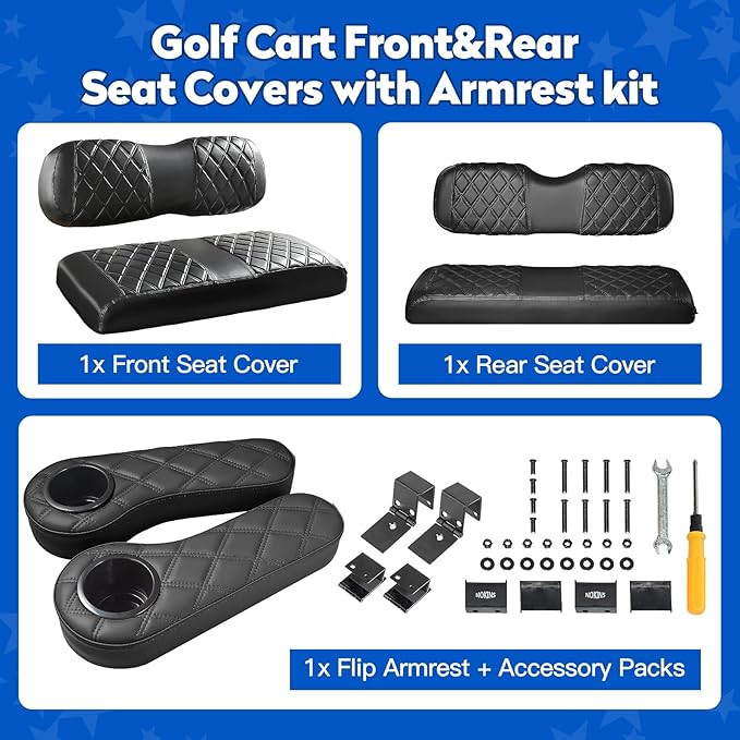 NOKINS Golf Cart Seat Covers for Club Car DS 2000.5-Up,Vinyl Front&Rear Seat Cover with Flip-Up Armrests kit,with Cup Holder, for 1" Square Tube(Black&Black Stitching)