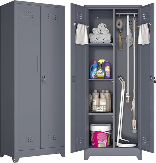GREATMEET Broom Closet, Broom Closet Cabinet with Pegboard and Hanging Rod, Cleaning Supplies Storage Cabinet for Bathroom, Garage
