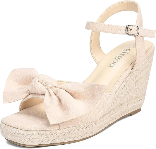 girgod Espadrilles Wedge Sandals for Women Bow Platform Wedges Heels Open Toe Ankle Strap Summer Wedding Wedges