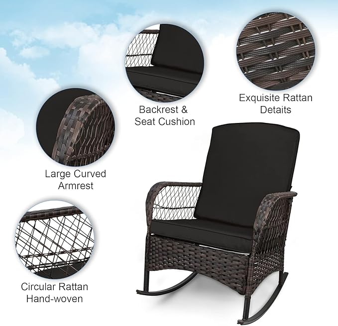 3 pcs Rocking Bistro Set Conversation Chairs PE Wicker Outdoor Rocking Chairs & - Image 4