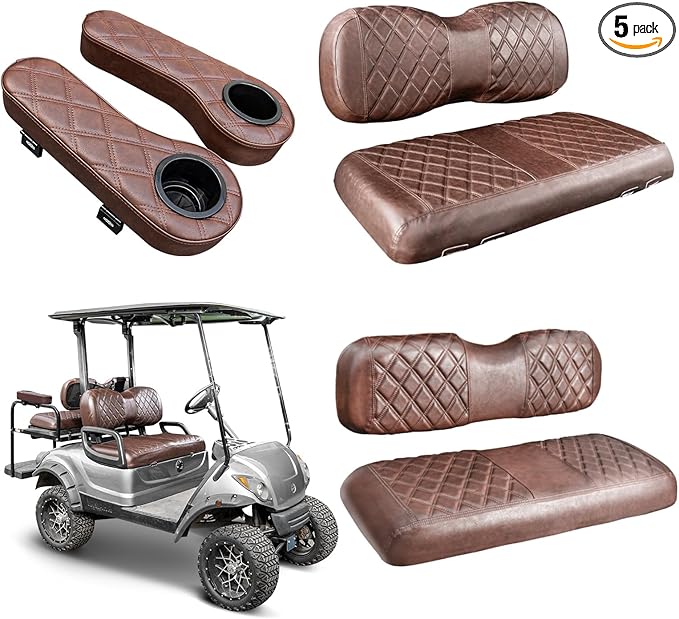NOKINS Golf Cart Seat Covers for YAMAHA/G29/Drive2, Vinyl Front&Rear Seat Cover with Flip-Up Armrests kit, with Cup Holder, for 1" Square Tube (Brown&Brown 8438)