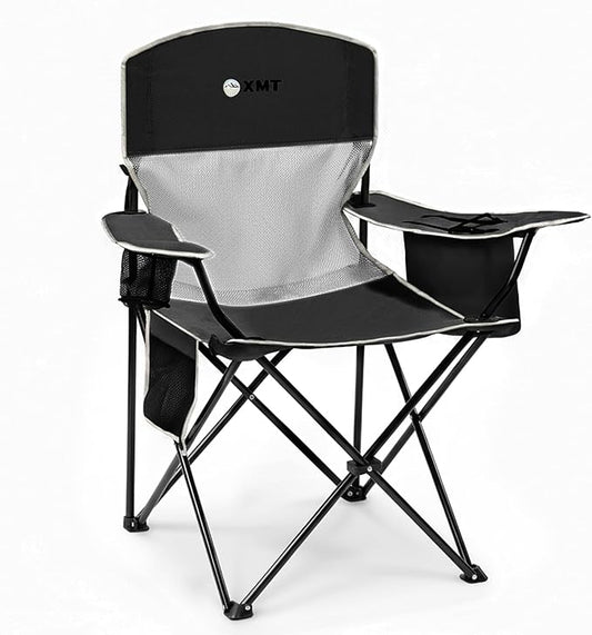 Portable Outdoor Folding Chair with Cup Holder & Cooler Bag - Breathable Mesh, Wide Armrests, Ergonomic Design for Camping, Beach, Backyard - Includes Storage Bag & Bottle Opener (Black/Green/Red)