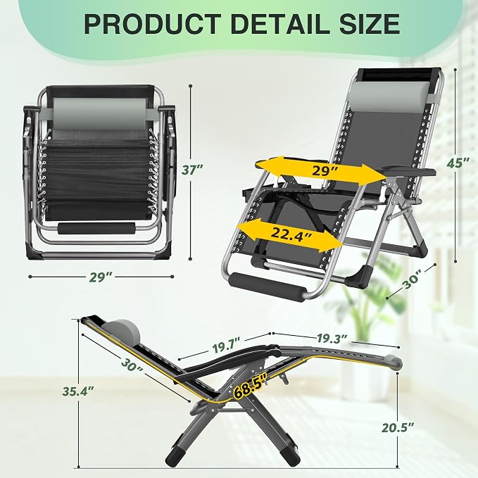 Suteck Oversized Zero Gravity Chair, 500LBS 29In XL Outdoor Recliner Chairs | - Image 2