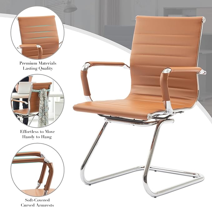 CIMOTA Waiting Room Chairs Leather Office Guest Chair Mid Back Reception Chairs with Sled Base for Meeting/Patient/Conference Room, Brownish Yellow Set of 6