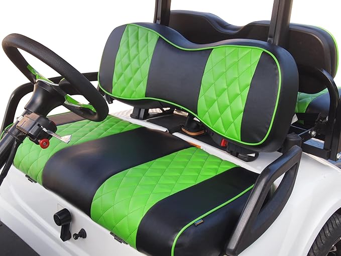 Huskey 4PCS Golf Cart Front/Rear Seat Covers for EZGO Medalist/TXT 94-13 Custom Two-Tone Black/Limegreen Diamond Stitching with Limegreen Piping, Marine Grade Vinyl Material, Staple on Design