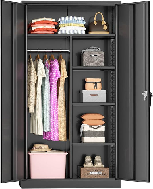 Greenvelly Metal Wardrobe Cabinet with Locking Doors, 72"H Black Metal Wardrobe Closet with Hanging Rods and Adjustable Shelves, Clothing Storage Closet for Home, Office, Employee, Gym (16" D x 32" W)