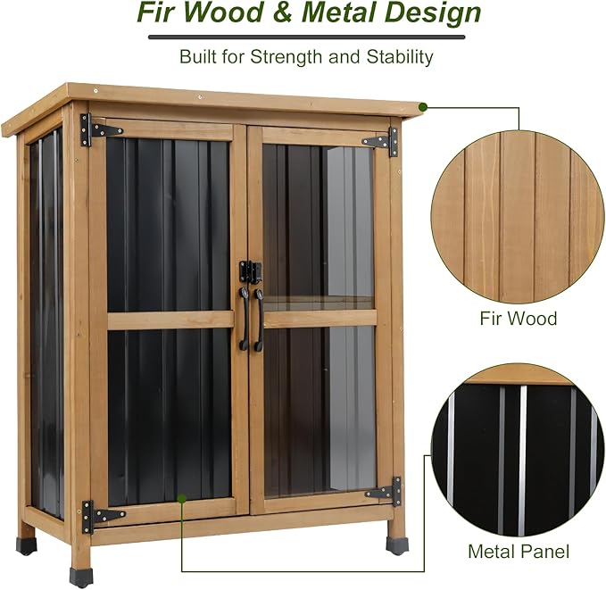 Ketive Outdoor Storage Cabinet, Wood & Metal Small Garden Tool Storage Cabinet - Image 5
