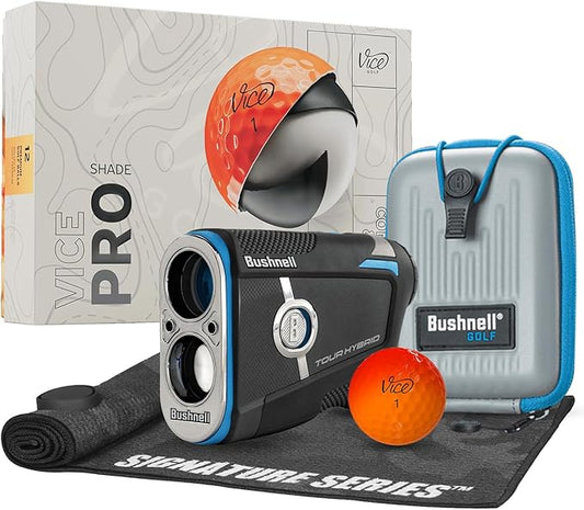 Bushnell Golf Tour Hybrid GPS Laser Rangefinder with Vice Balls | Slope Compensation, Magnetic Mount, Front/Middle/Back Distance, 1300 YD Range, PinSeeker | Signature Series Golf Towel