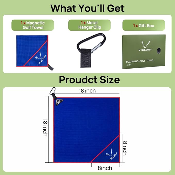 Magnetic Golf Towel for Bag 18" x 18" with Clip Exclusive Cleaning Pocket Microfiber Waffle Ultra Absorbent Club Ball Cleaner Essential Golf Accessories and Gifts for Men Women(Blue 1 Pack)