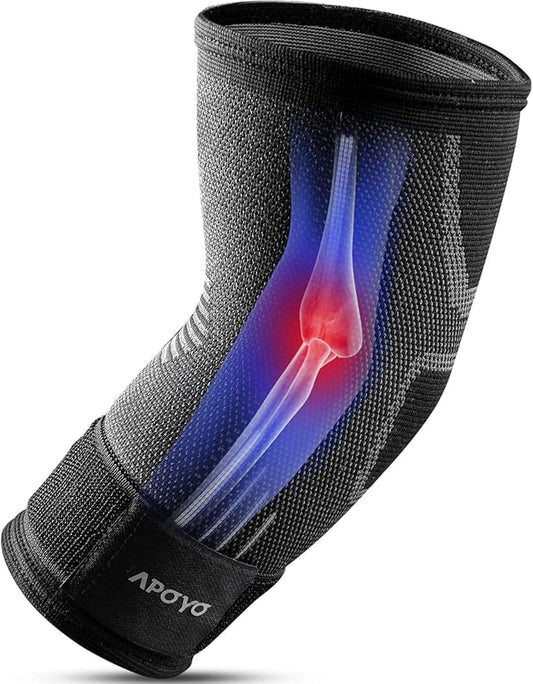 APOYO Elbow Brace for Tendonitis and Tennis Elbow, Elbow Compression Sleeve, Tennis Elbow Brace for Women and Men w/ Adjustable Strap for Tennis Elbow Relief, Weightlifting, Arthritis, Workouts,