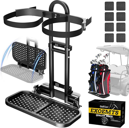 Universal Foldable Golf Cart Rear Seat Bag Holder, Upgraded Golf Cart Rear Seat Bag Rack Fits 8-Inch Max Width Safety Grip Bar, for EZGO Club Car Yamaha, Preinstalled, Space-Saving, No-Drill
