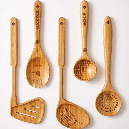 5 Pcs Golf-club Style Kitchen Utensil Set Bamboo Spatula Soup Spoon Fun Golf Themed Kitchen Utensil Set for Gift Funny Birthday Gifts for Men Women Golfers Christmas Birthday