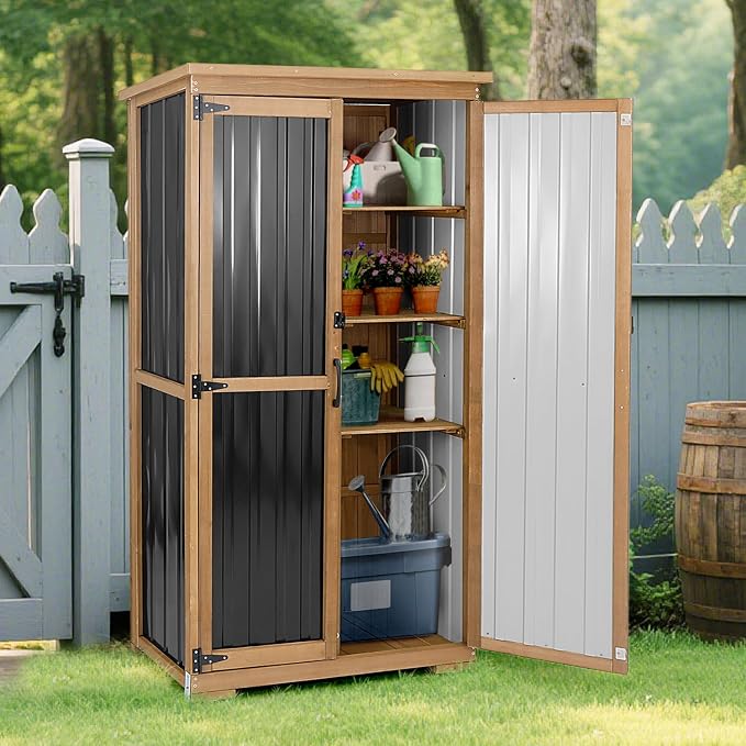 Outdoor Storage Cabinet Weatherproof, Wood & Metal Shed - Image 7