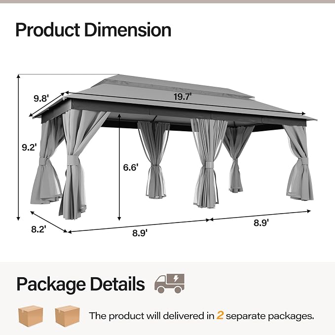 10'x20' Outdoor Gazebo, Metal Frame Heavy Duty Patio Canopy Tent Shelter - Image 2