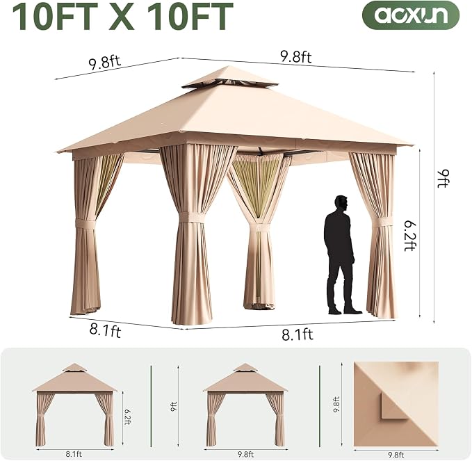 Aoxun 10x10FT Metal Frame Outdoor Gazebo, Khaki | UPF50+ Protection 50×50mm - Image 6